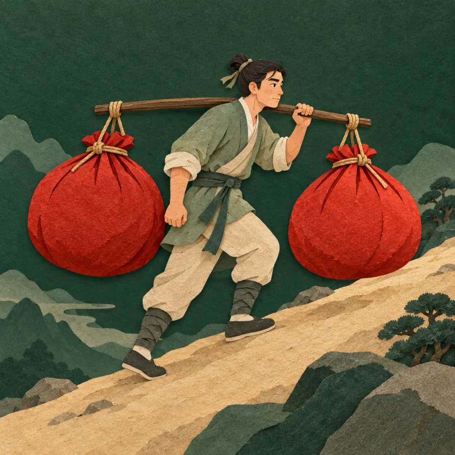 A person bends under two heavy sacks on a carrying pole