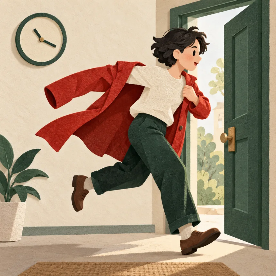 A person jumps up and rushes out of the door