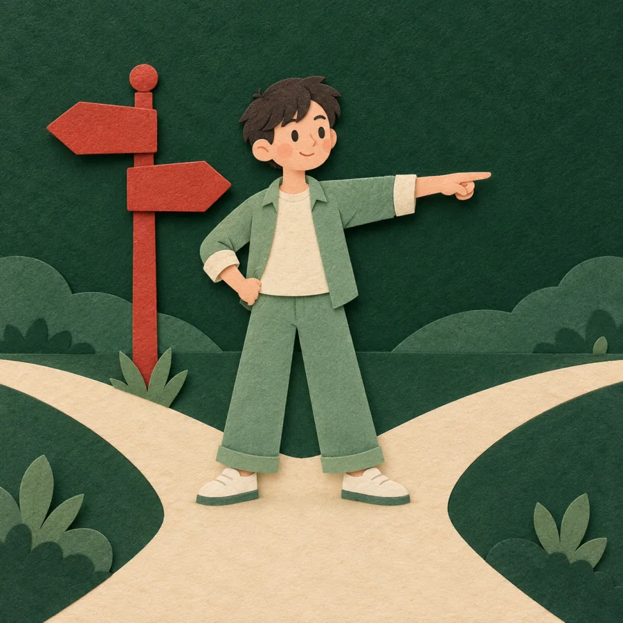 A person points confidently in one direction at a crossroads