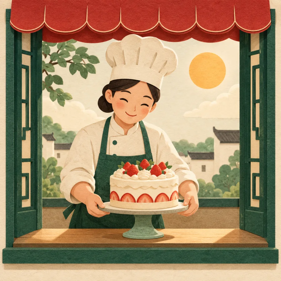 A baker puts a fresh cake in a window under a bright sun