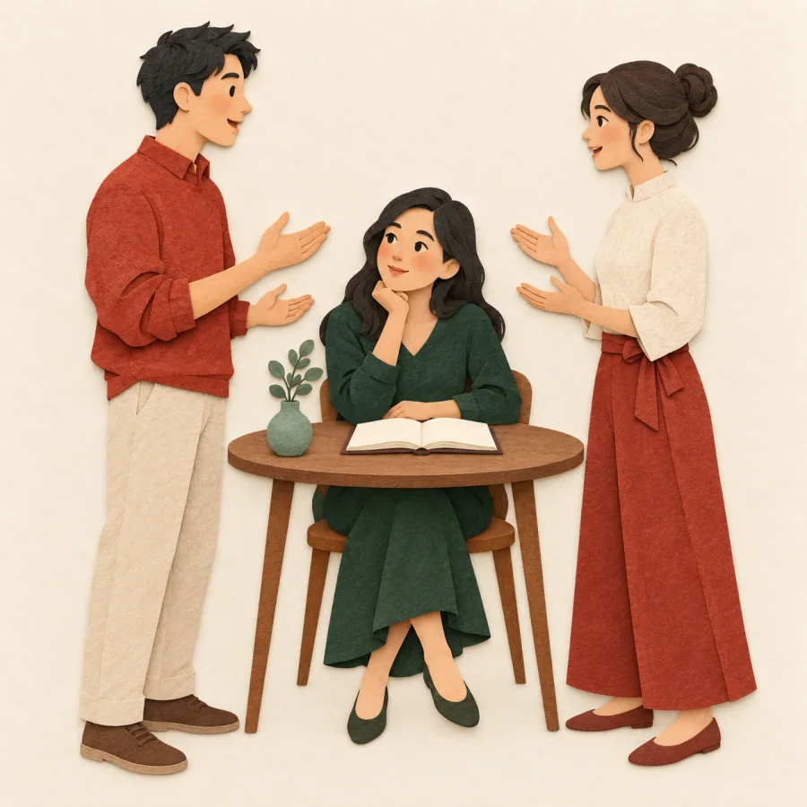 Two people face each other while a third listens at a table