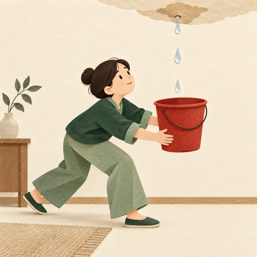 A person quickly places a bucket under a leaking ceiling