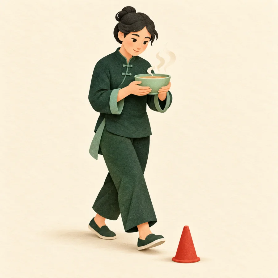 A person carefully carries a steaming bowl past a small cone