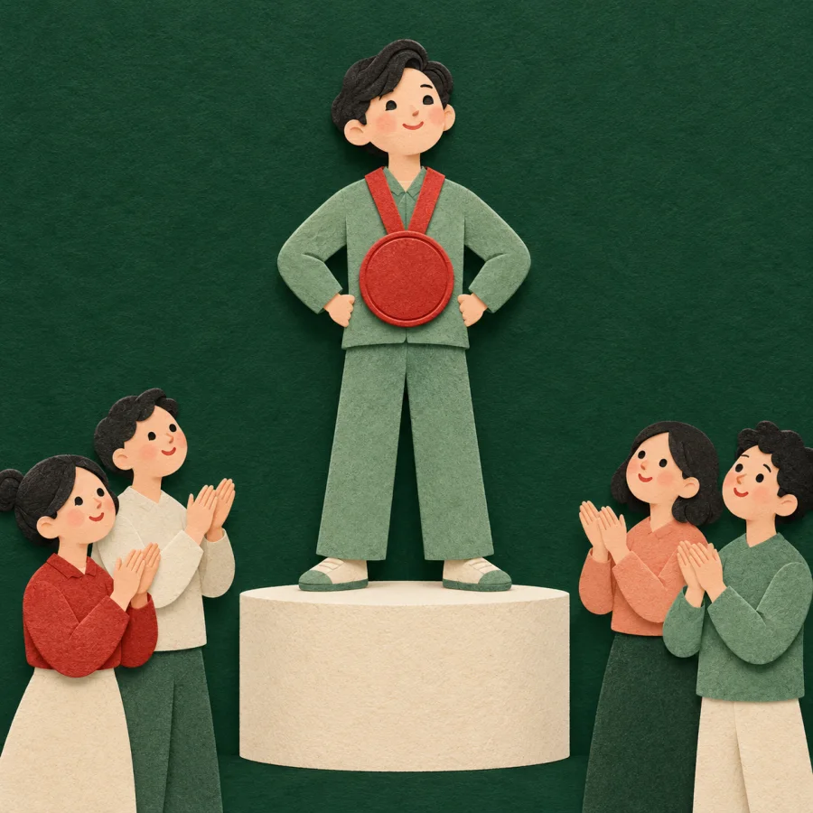 A person with a big red medal stands on a podium as people clap