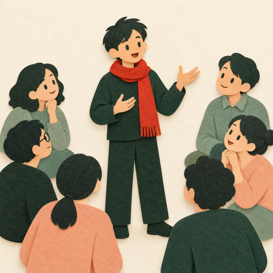 A person speaks with a raised hand inside a ring of onlookers