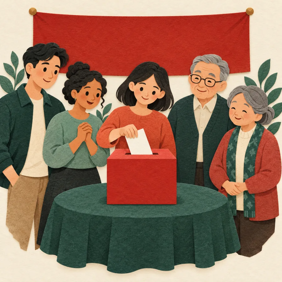 A group of people gather around a ballot box under a banner