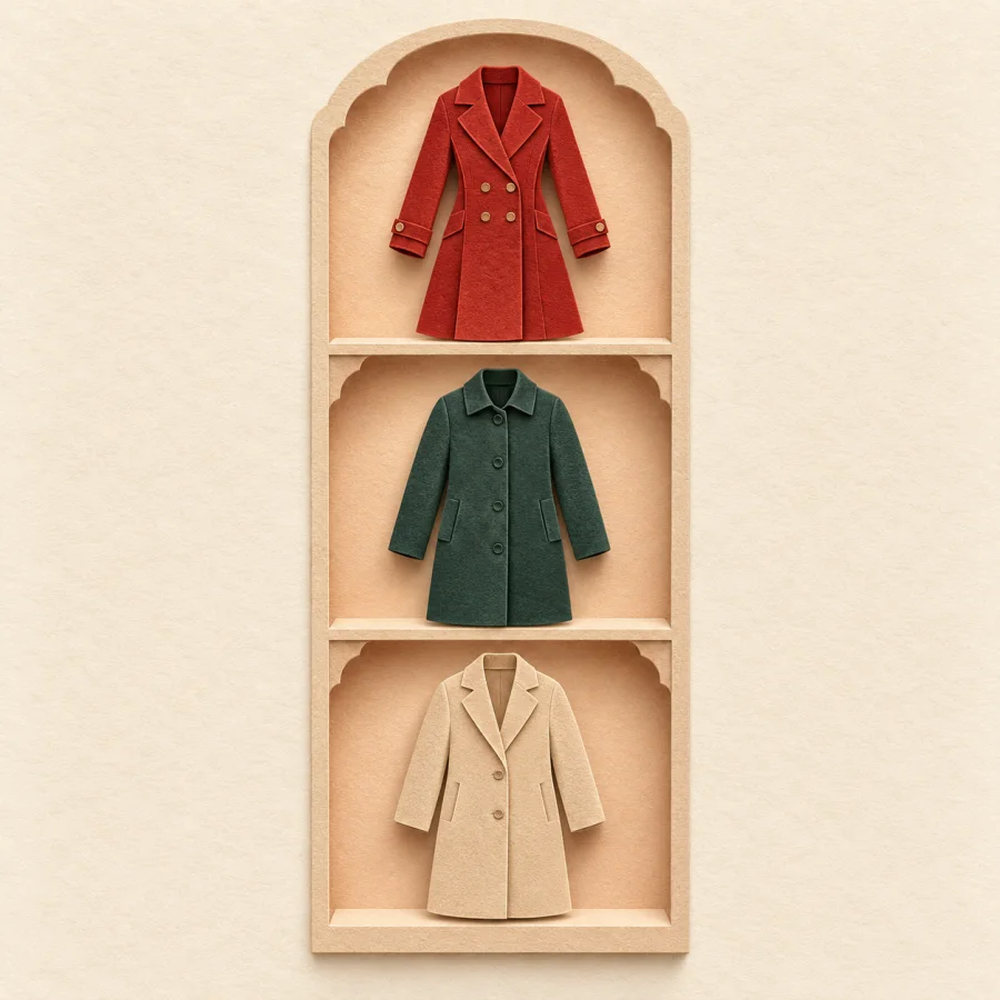 Three shelves of coats, the finest red one on the top