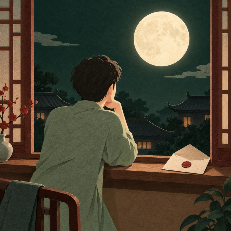 A person at a window looks at the moon over rooftops