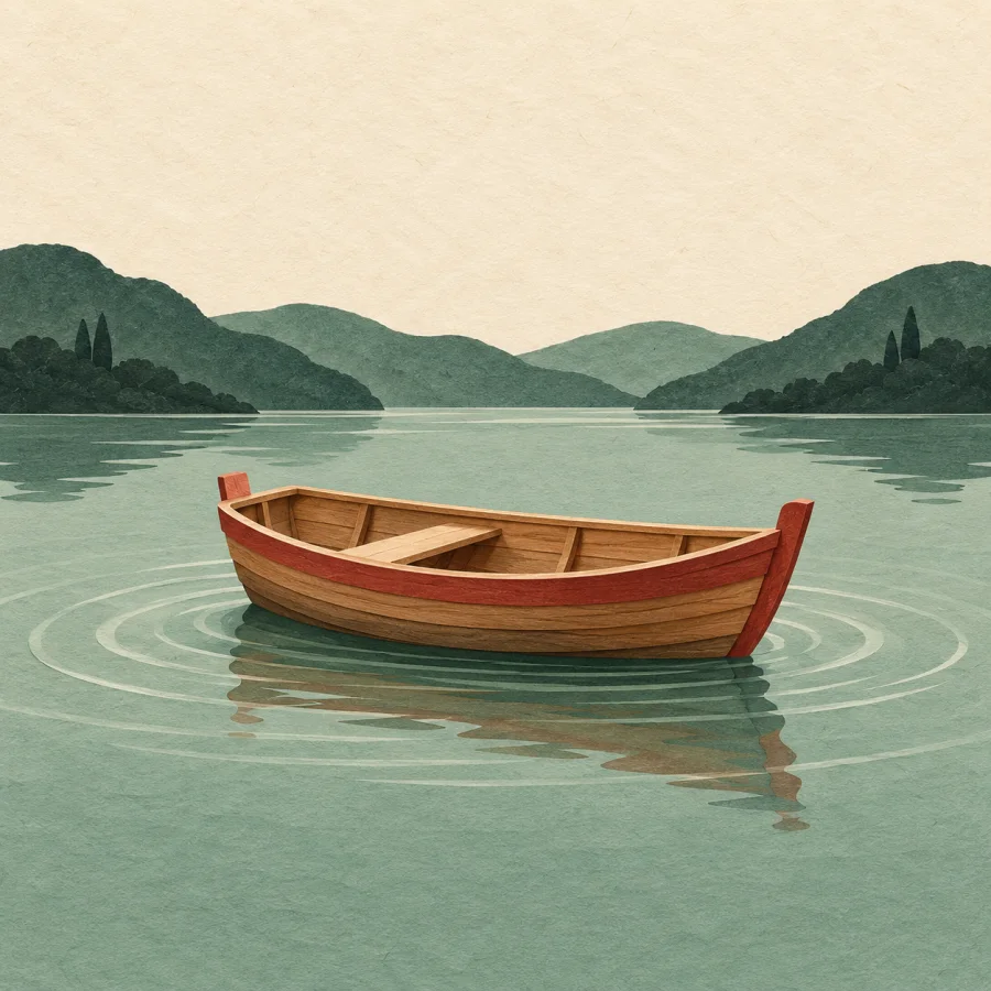 A boat on a calm lake with ripples spreading around it