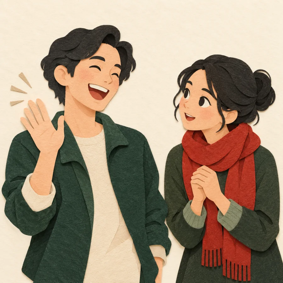 One person waves off a joke while another looks serious