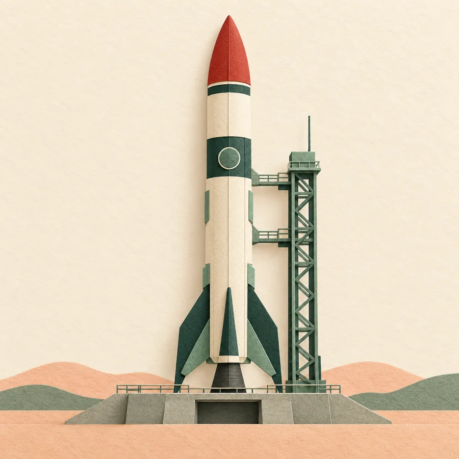 A tall rocket on a launch pad under a clear sky