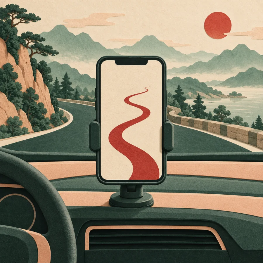 A phone on a dashboard shows a winding route line