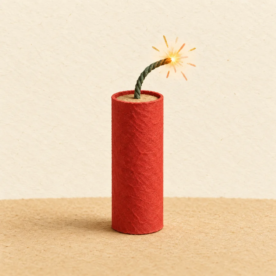 A red firecracker with a short burning fuse on sand