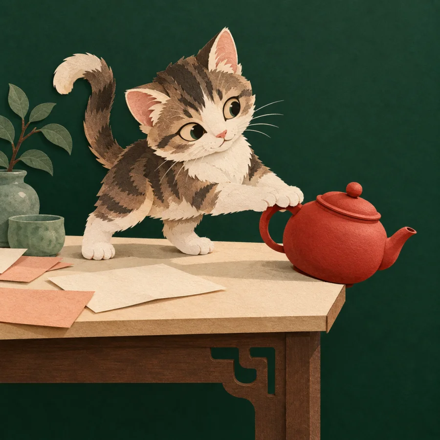 A kitten pushes a cup off a table, papers scattered