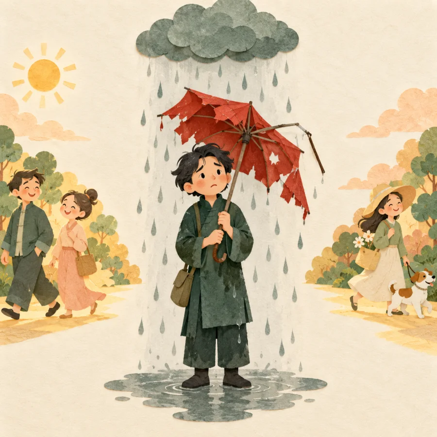 A person under a rain cloud with a broken umbrella in sunshine