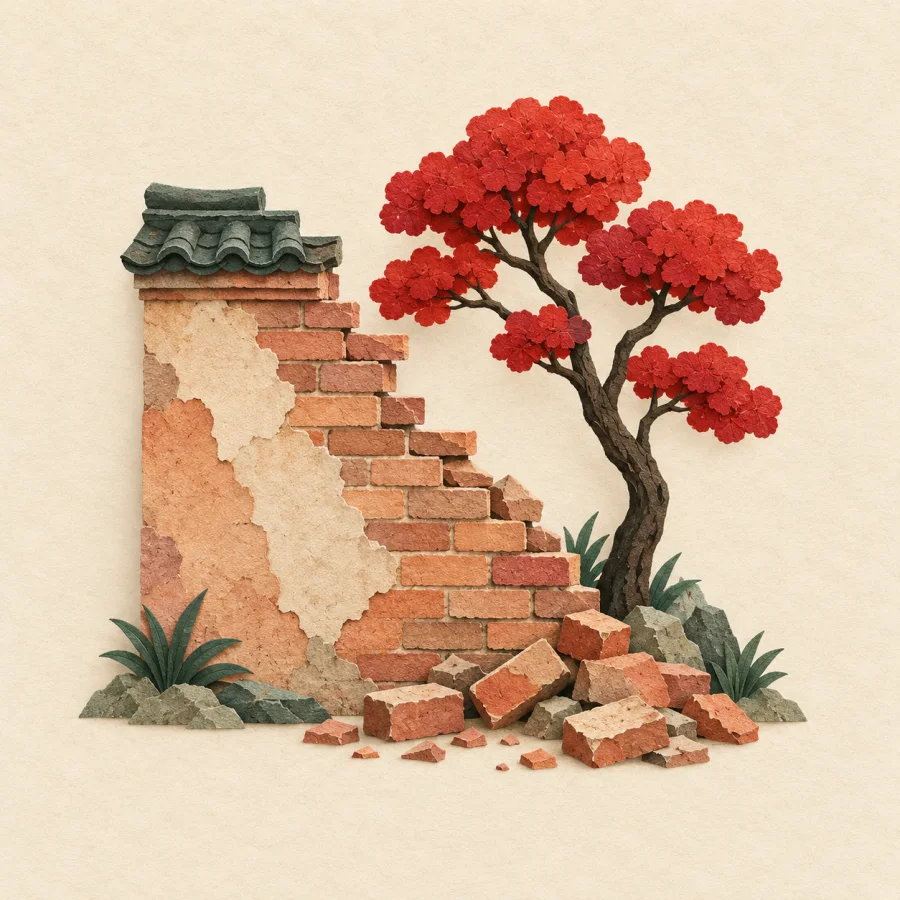 An old brick wall half collapsed into a pile of bricks