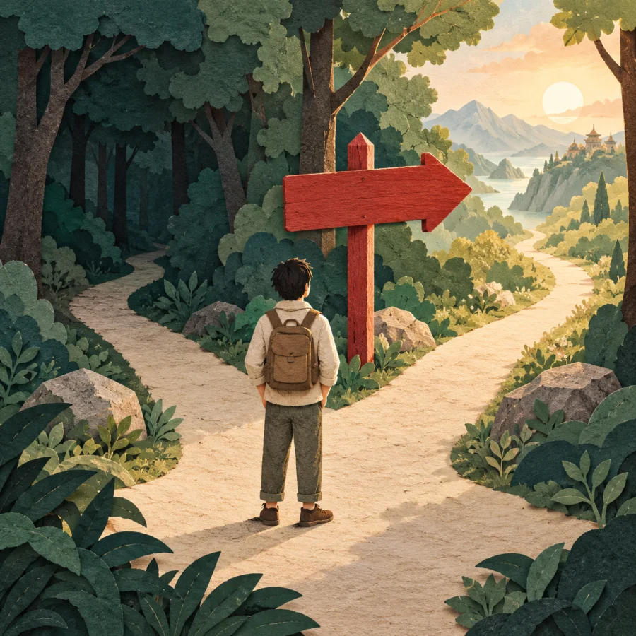 An arrow signpost at a fork in a forest road