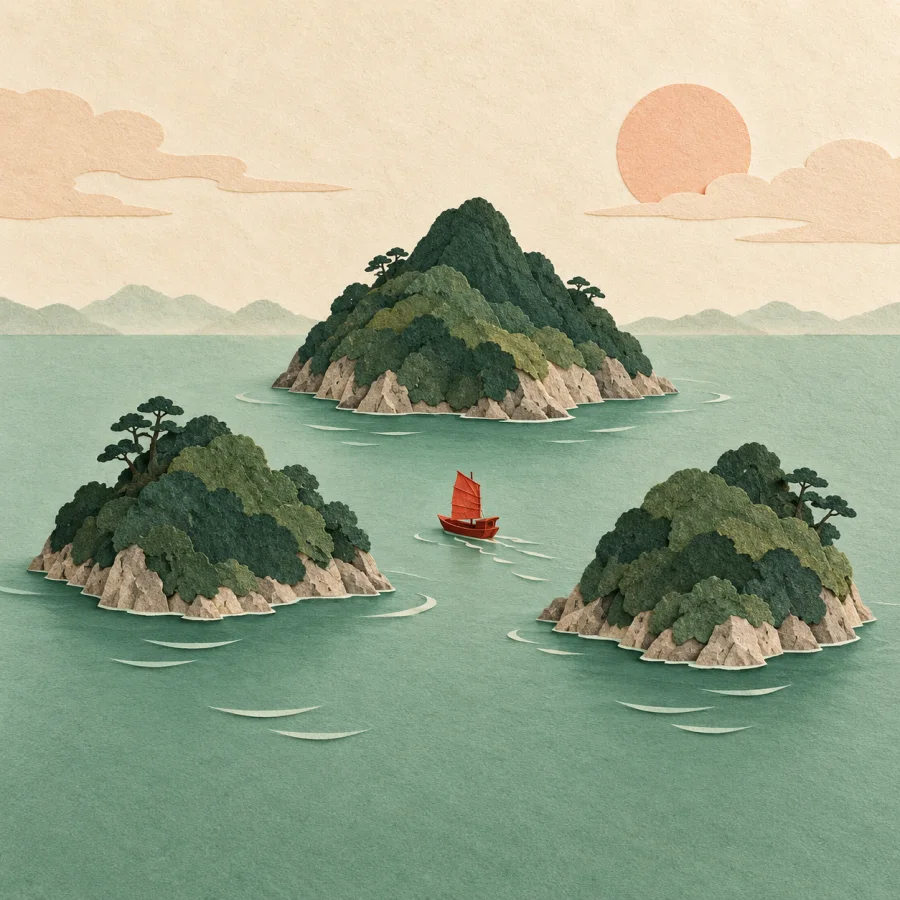 Three small islands in a sea with a red boat between them