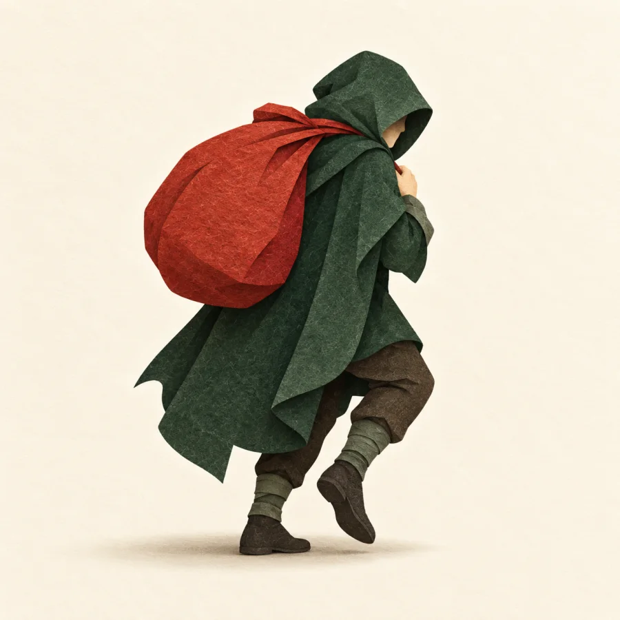 A cloaked figure tiptoes away with a red sack