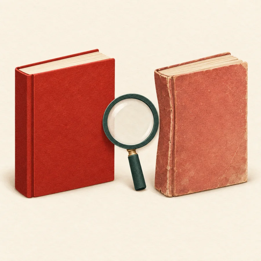 Two books side by side, a fine red one and a shabby copy