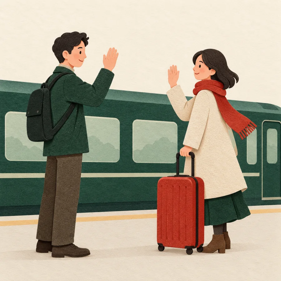 Two people wave goodbye on a train platform