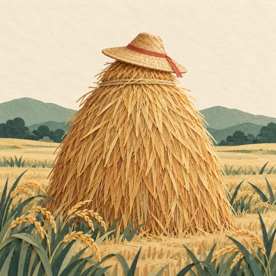 A golden haystack in a field with a straw hat on it