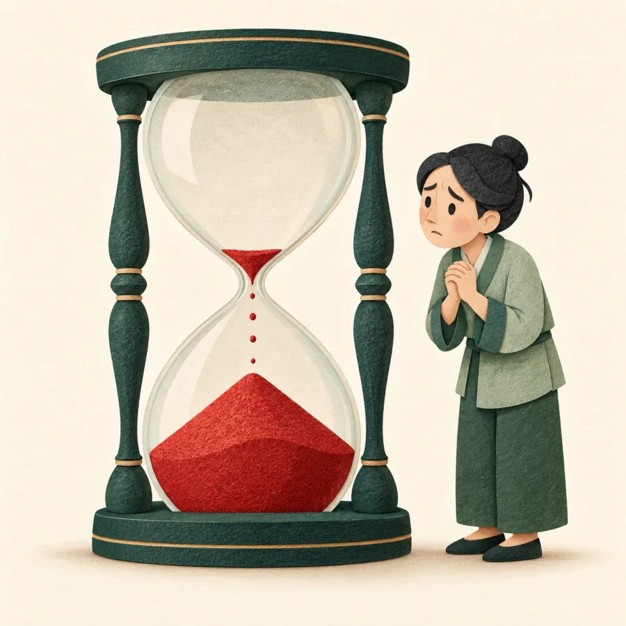 A person nervously watches an hourglass with the last grains