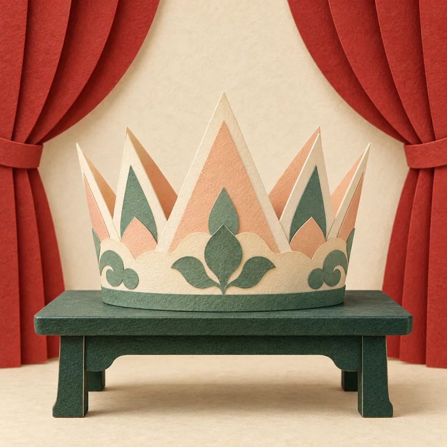 A paper crown on a backstage table by a red curtain