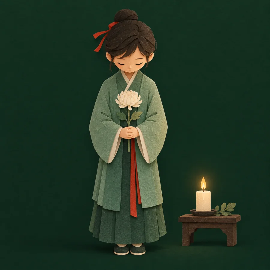 A person bows their head with a flower beside a candle