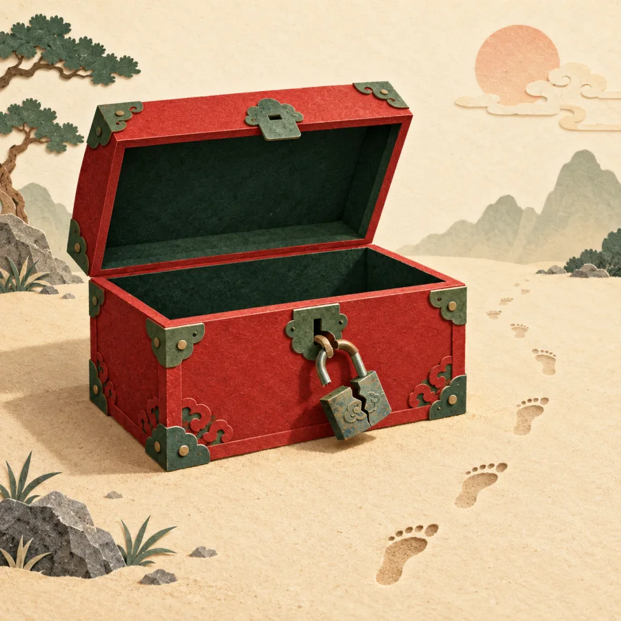 An empty open strongbox with footprints on the sand floor