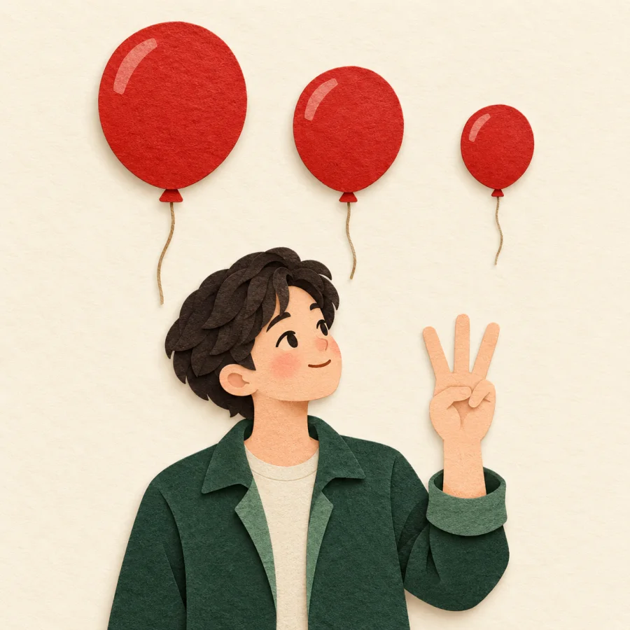 A person holds up three fingers beside shrinking balloons