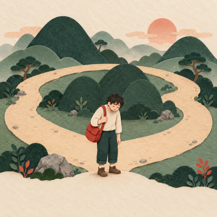 A winding path leads a tired person back to the start
