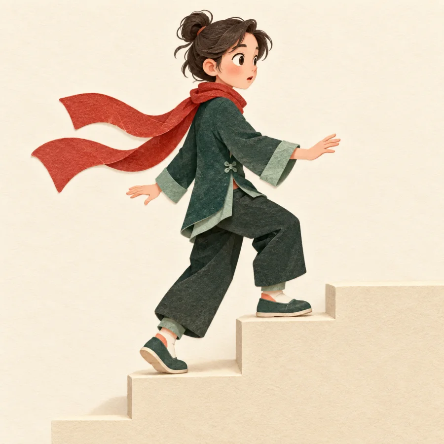 A person steps backwards down stairs with wide eyes