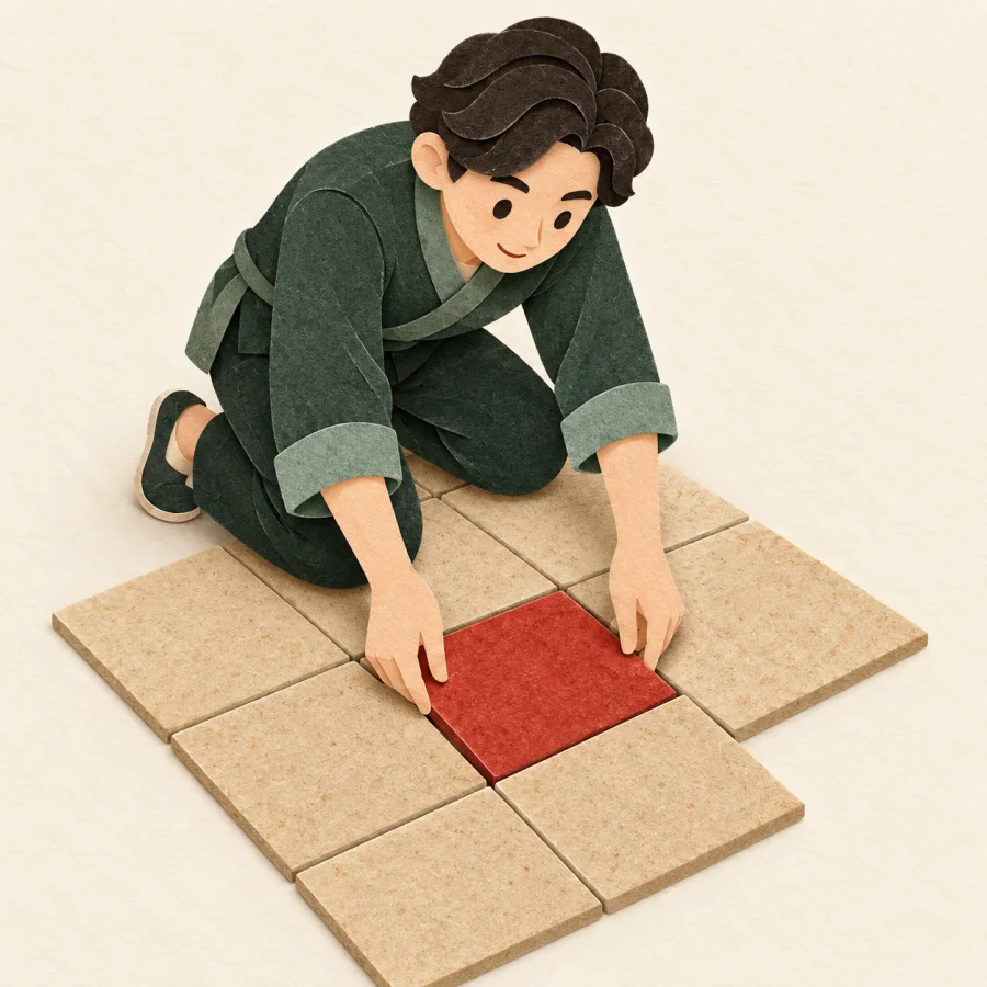 A person fits the last red tile into a tiled floor