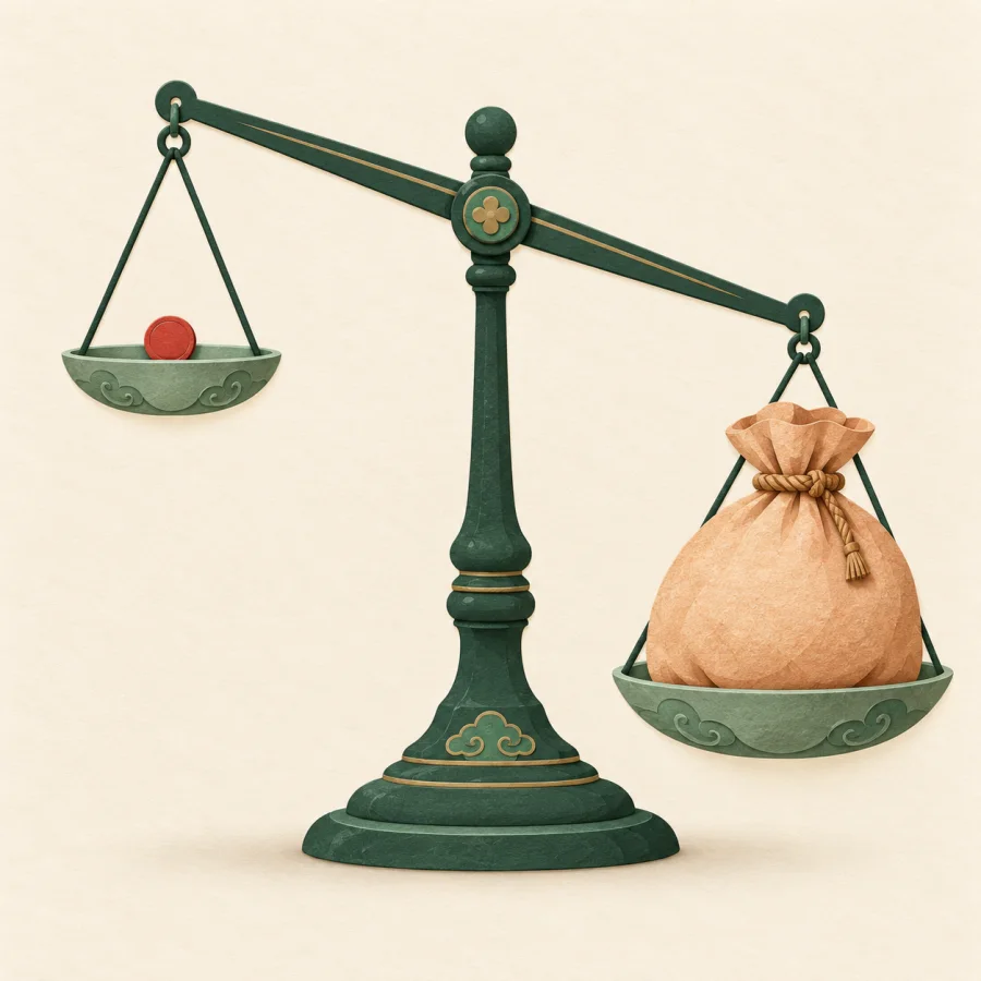 A scale with a coin on the high pan and a sack on the low
