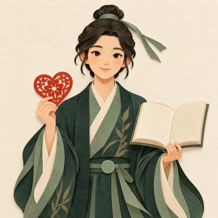A person holds a red paper heart and an open book