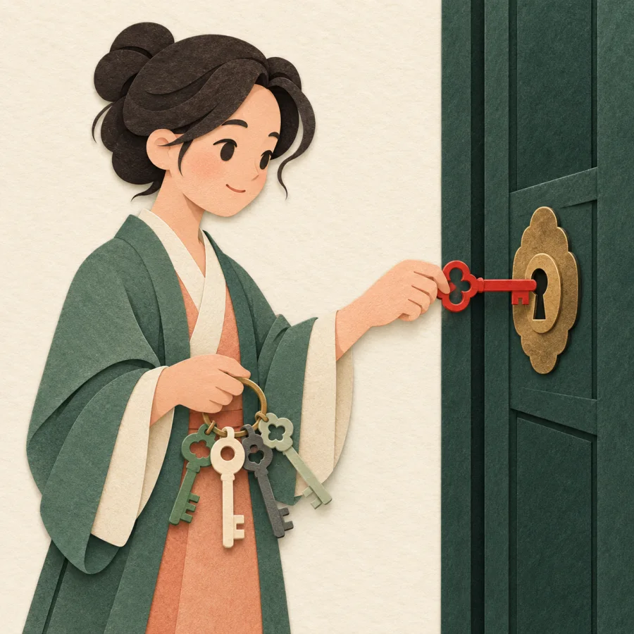 A person picks the right key for a lock on a door