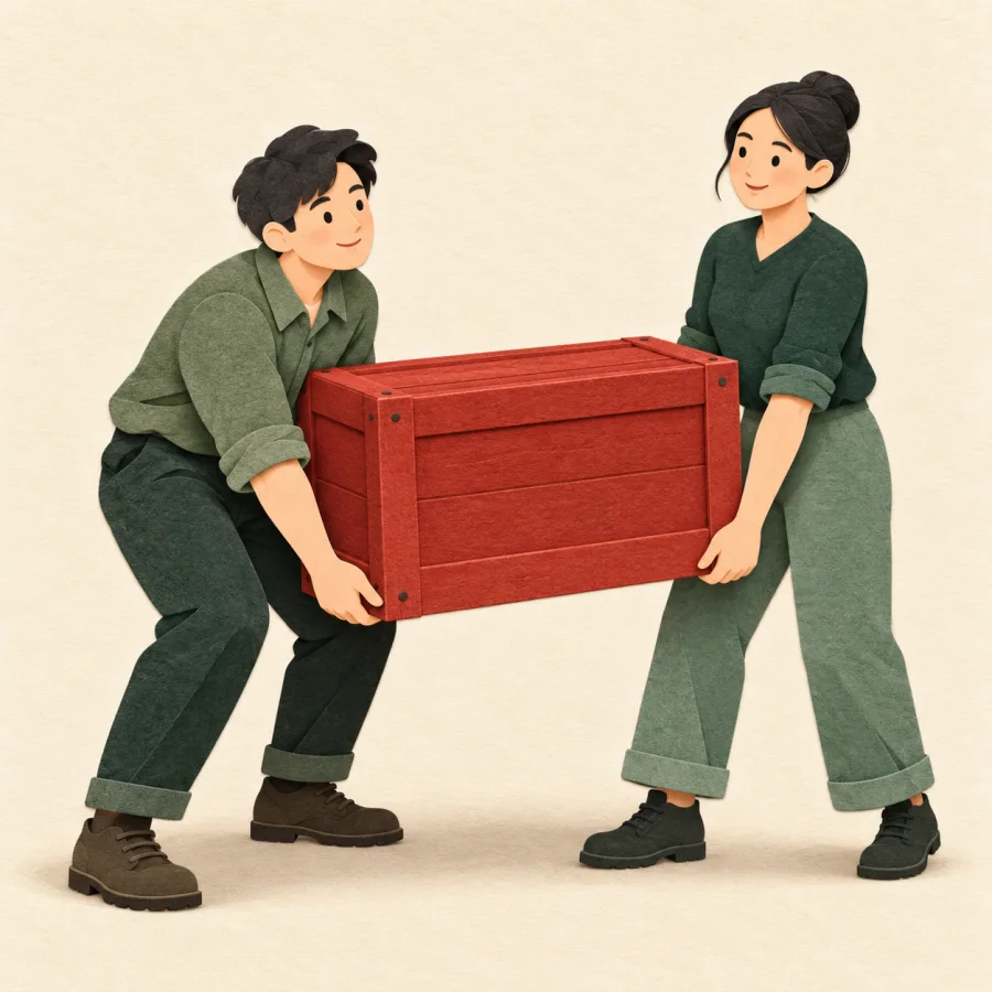 Two people carry a heavy red crate together with ease