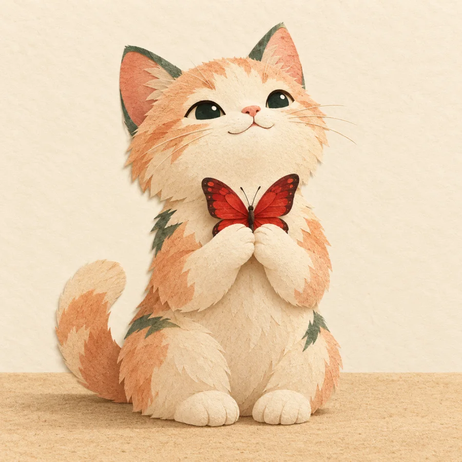 A proud kitten holds a red butterfly in its paws