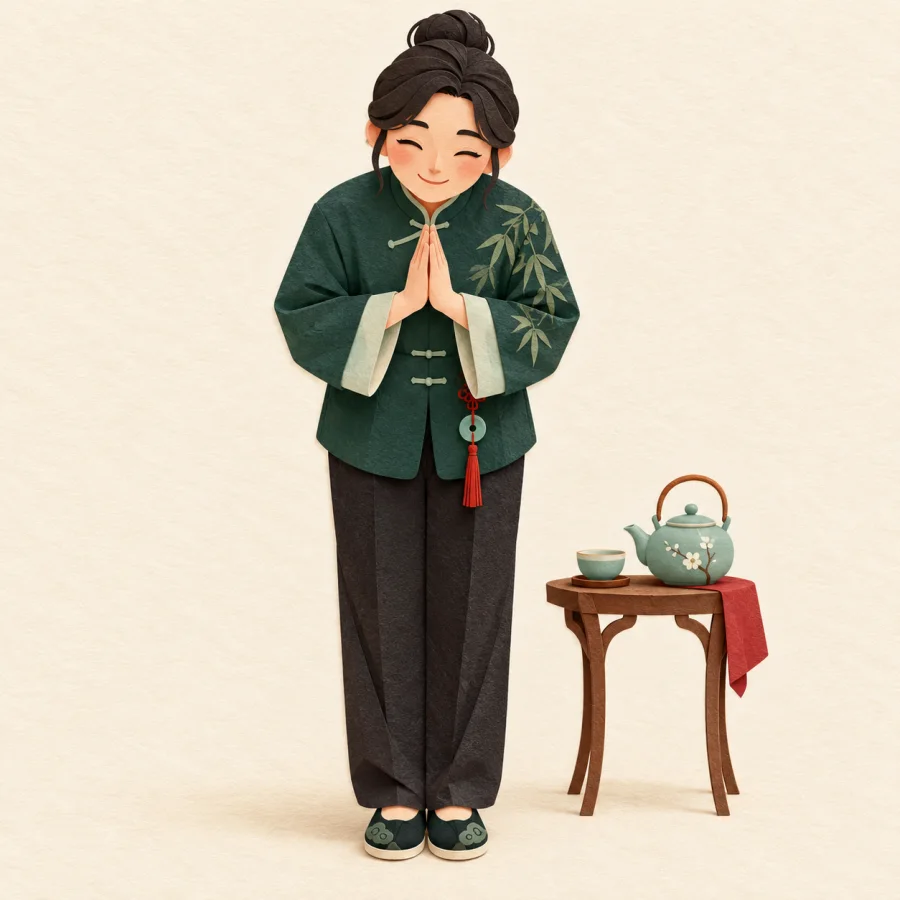 A neatly dressed person bows politely by a tea table