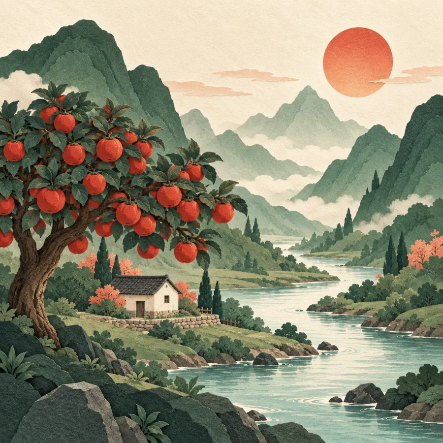A green valley with a river, sun and a fruit tree