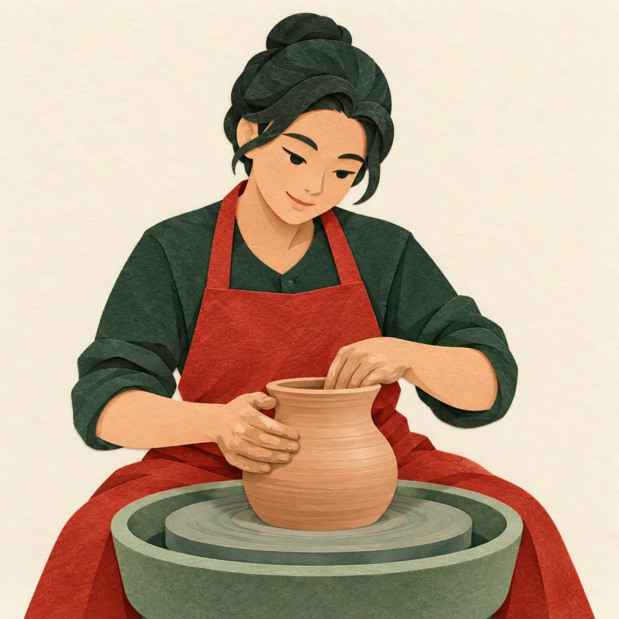A potter calmly shapes a clay pot on a wheel