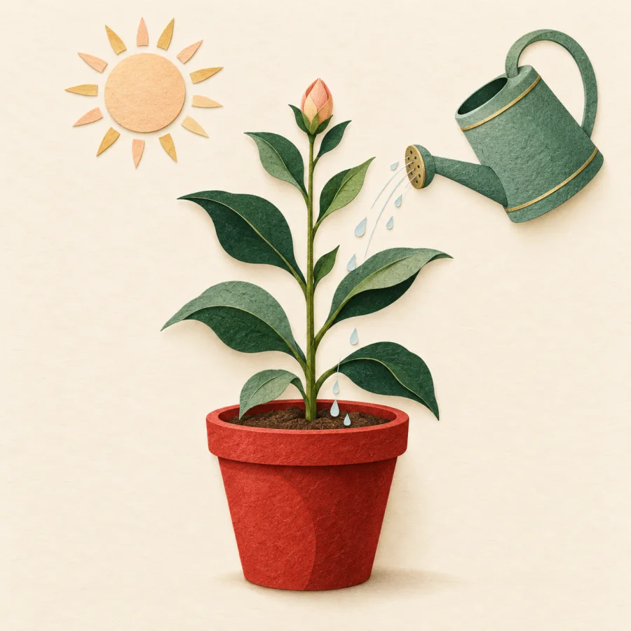 A plant grows tall as a watering can pours on it