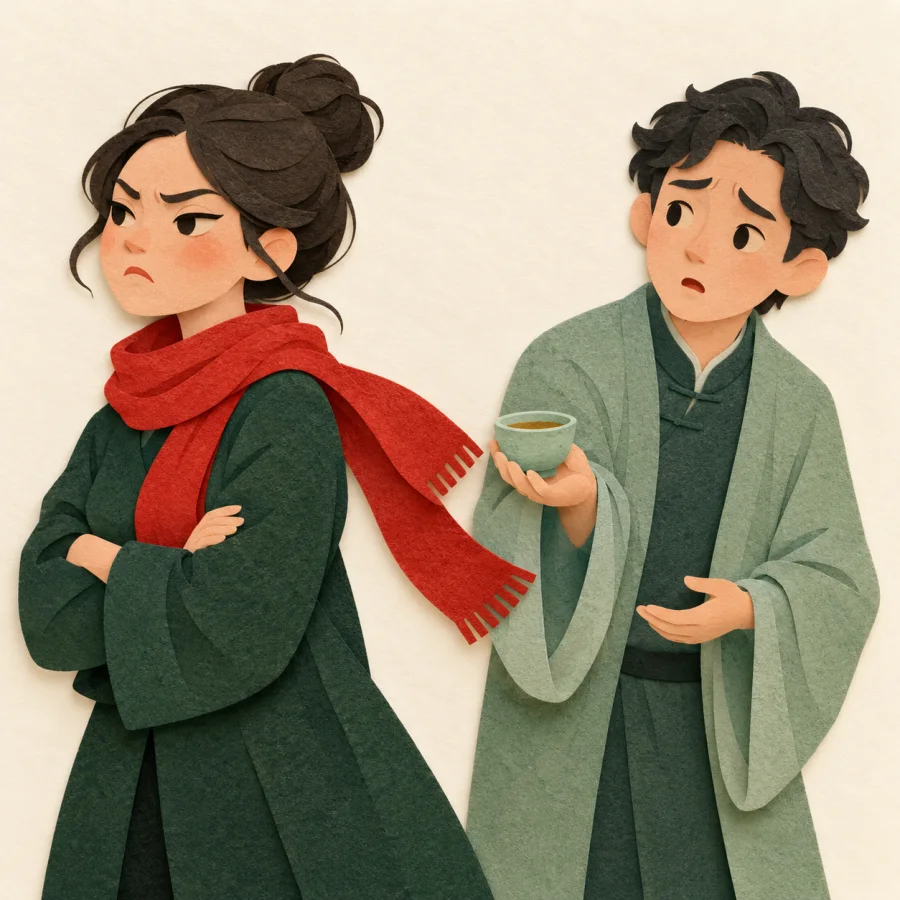 A person angrily turns away from a friend holding tea