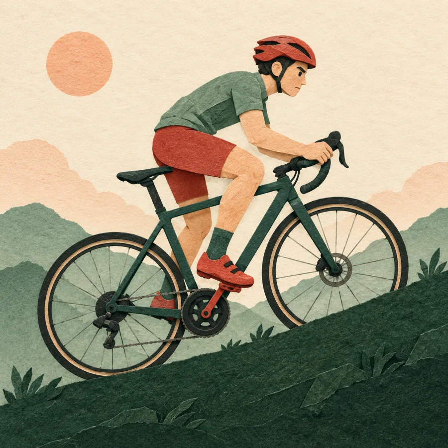 A cyclist presses hard on a pedal going uphill