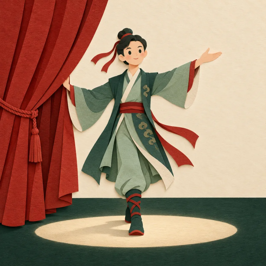 A performer steps onto a stage from behind a red curtain