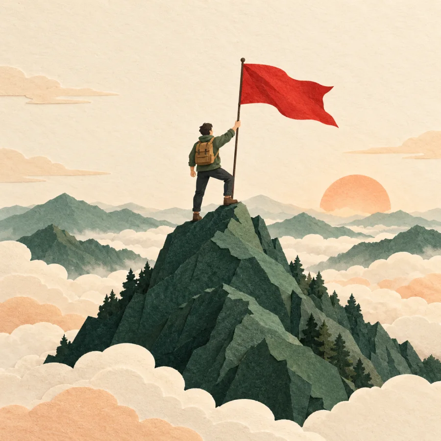 A hiker with a red flag stands on a peak above clouds