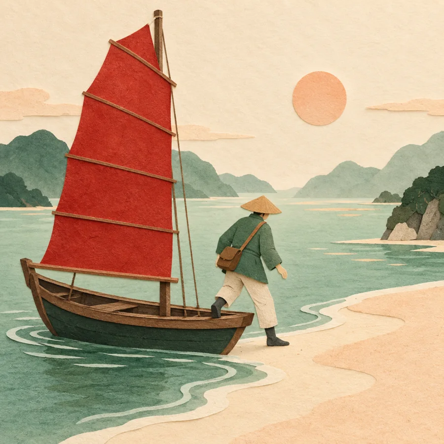 A traveller steps from a red-sailed boat onto a sandy shore