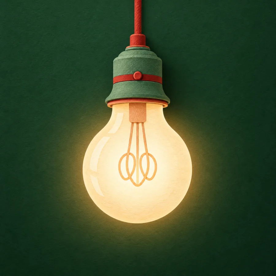 A glowing light bulb on a red cord against a green wall