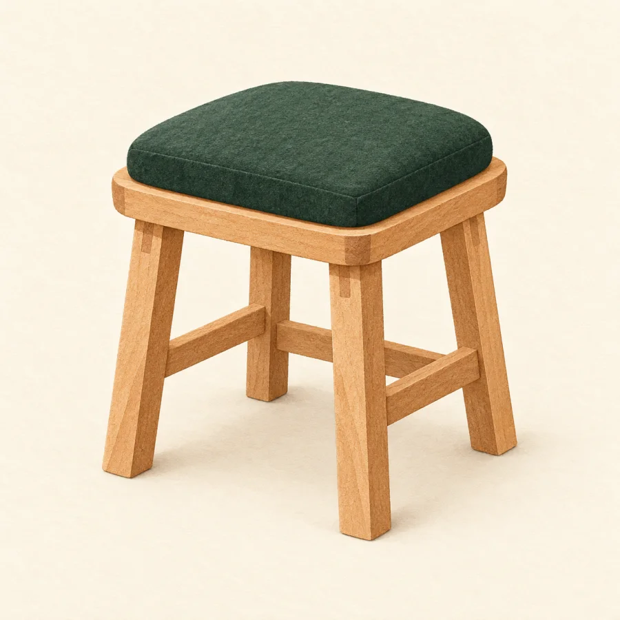 A wooden stool with a green cushion on top